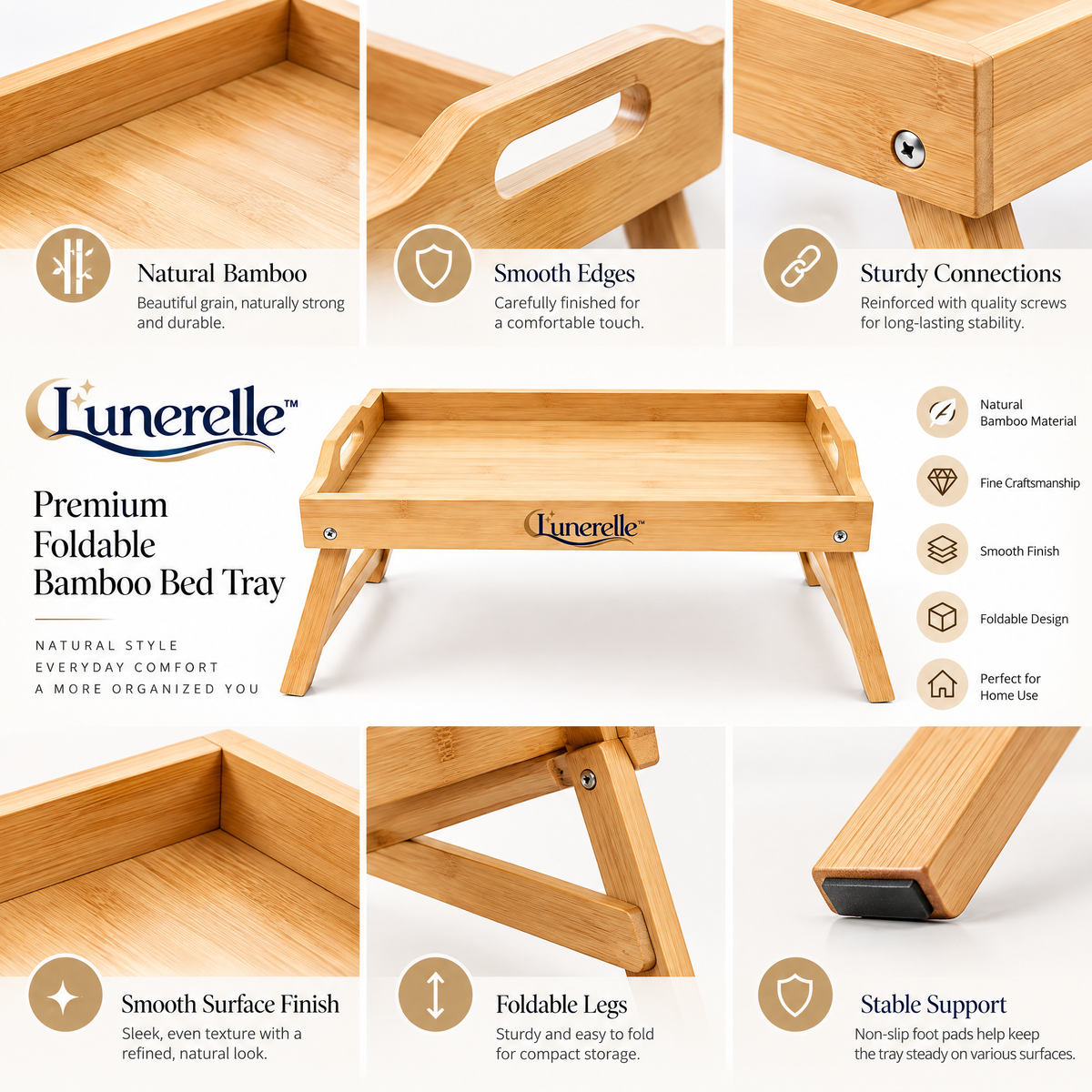 Lunerelle™ Premium Foldable Bamboo Bed Tray